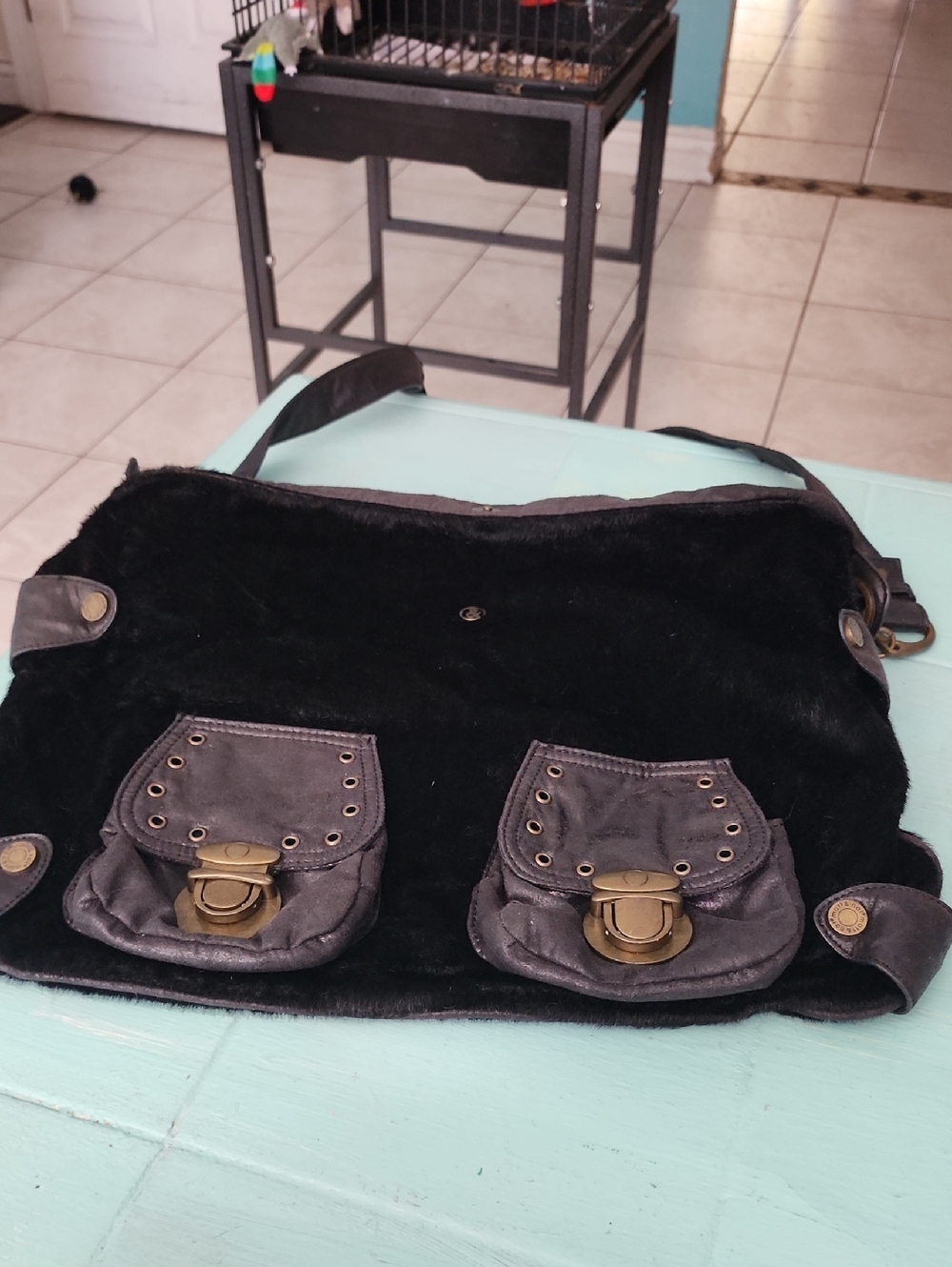 Women’s Black Faux Fur Mattandnat Crossbody Bag with Brass Accents
